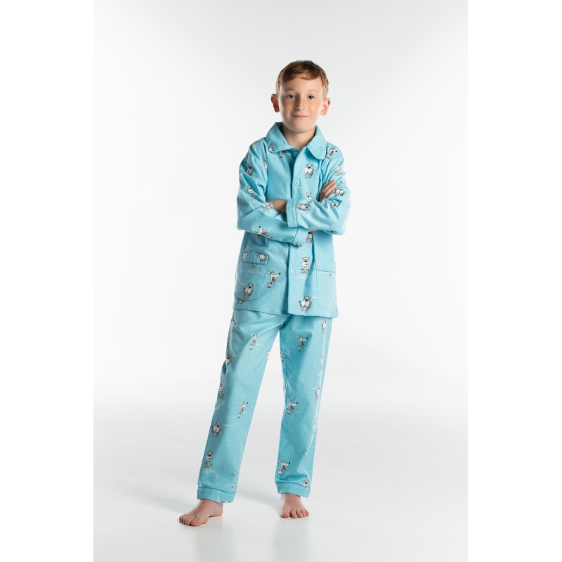 Pyjama long d'hiver pour enfant CHIEN TURQUOISE en flanelle