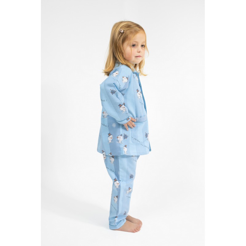 Pyjama long fille et garçon en flanelle pour l'hiver bleu/ligné Noël.