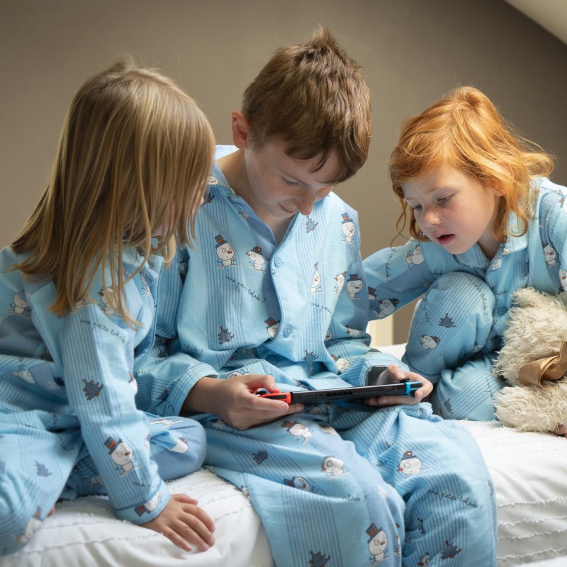 Pyjama long fille et garçon en flanelle pour l'hiver bleu/ligné Noël.