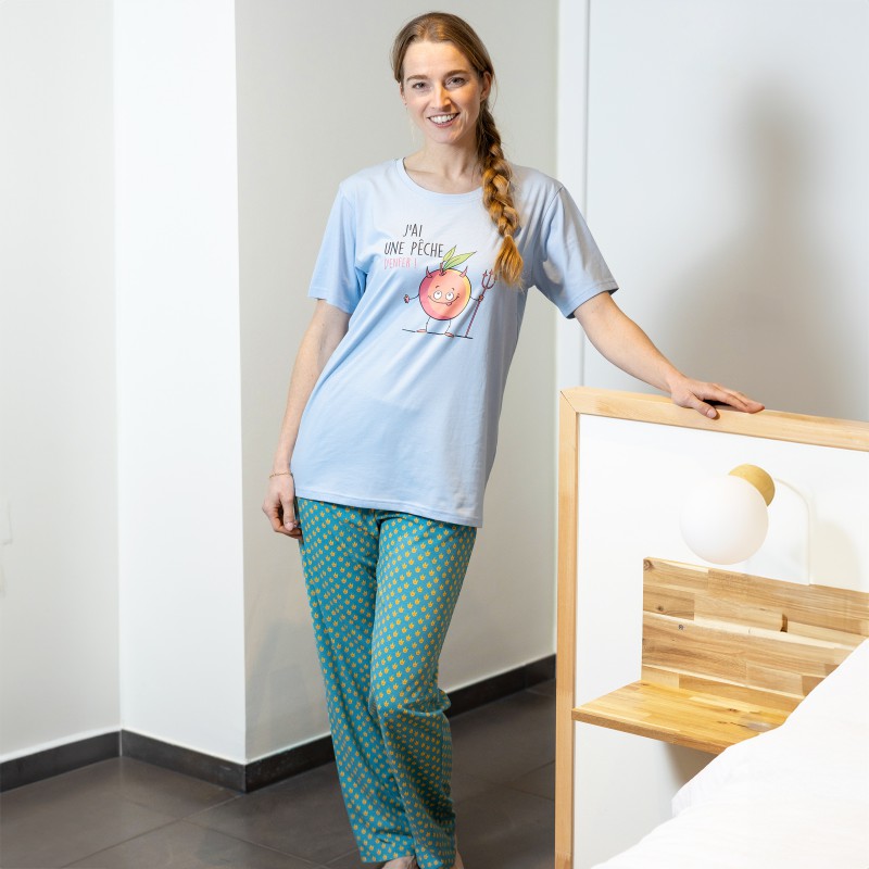 Lange zomerpyjama voor vrouw t-shirt met  korte mouw PERZIK.